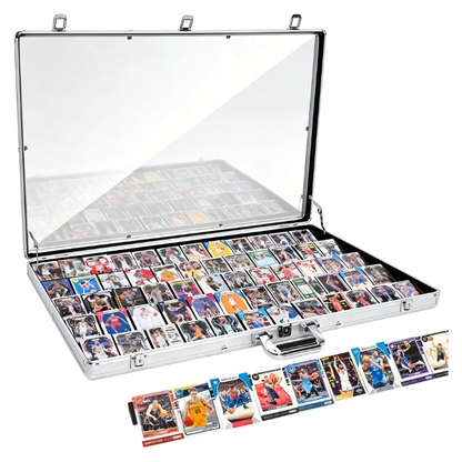 Collection of sports trading cards in an open display case on a white background