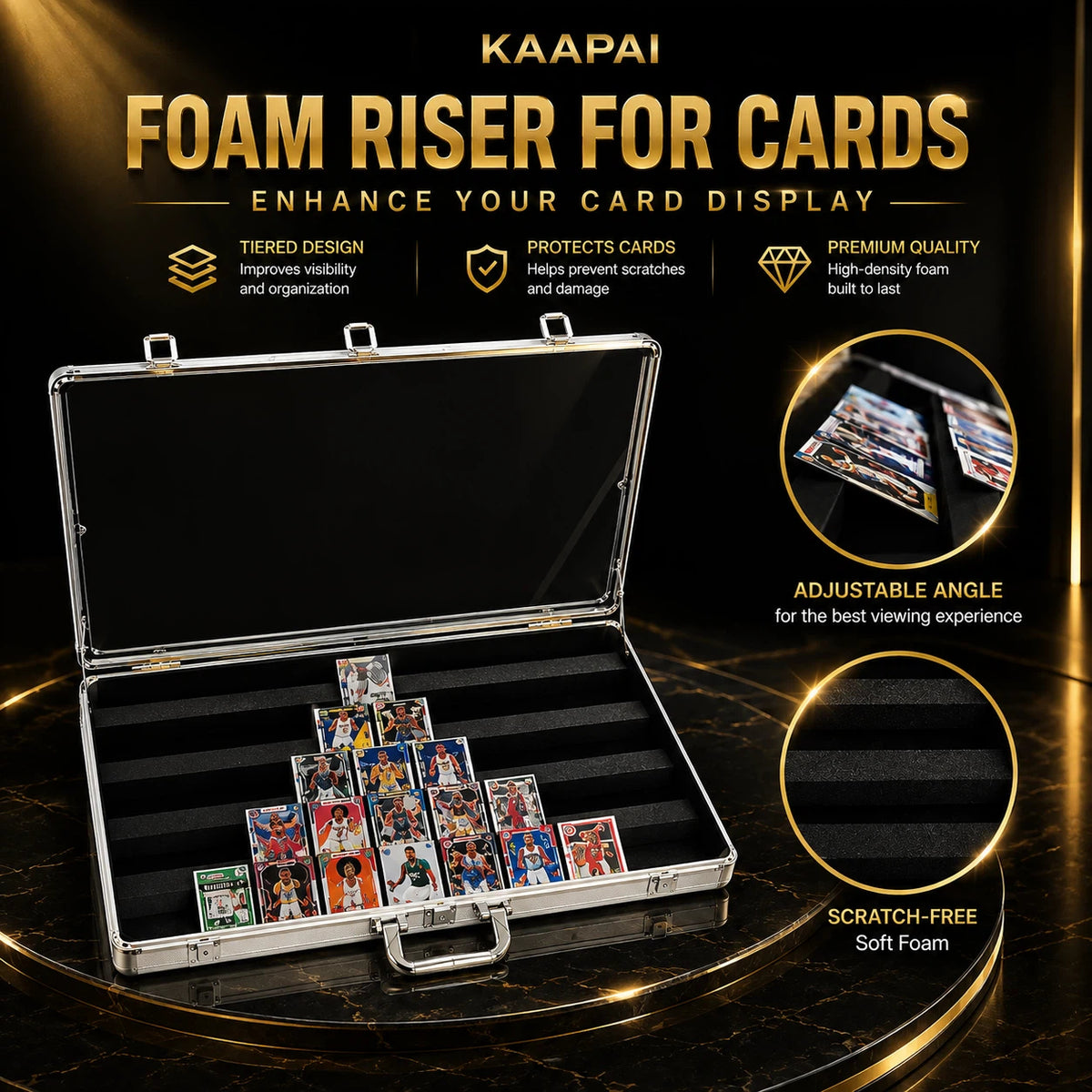 KAAPAI foam card riser set in a silver aluminum hard case, shown open with several cards displayed inside on a dark gold promotional background with feature callouts.