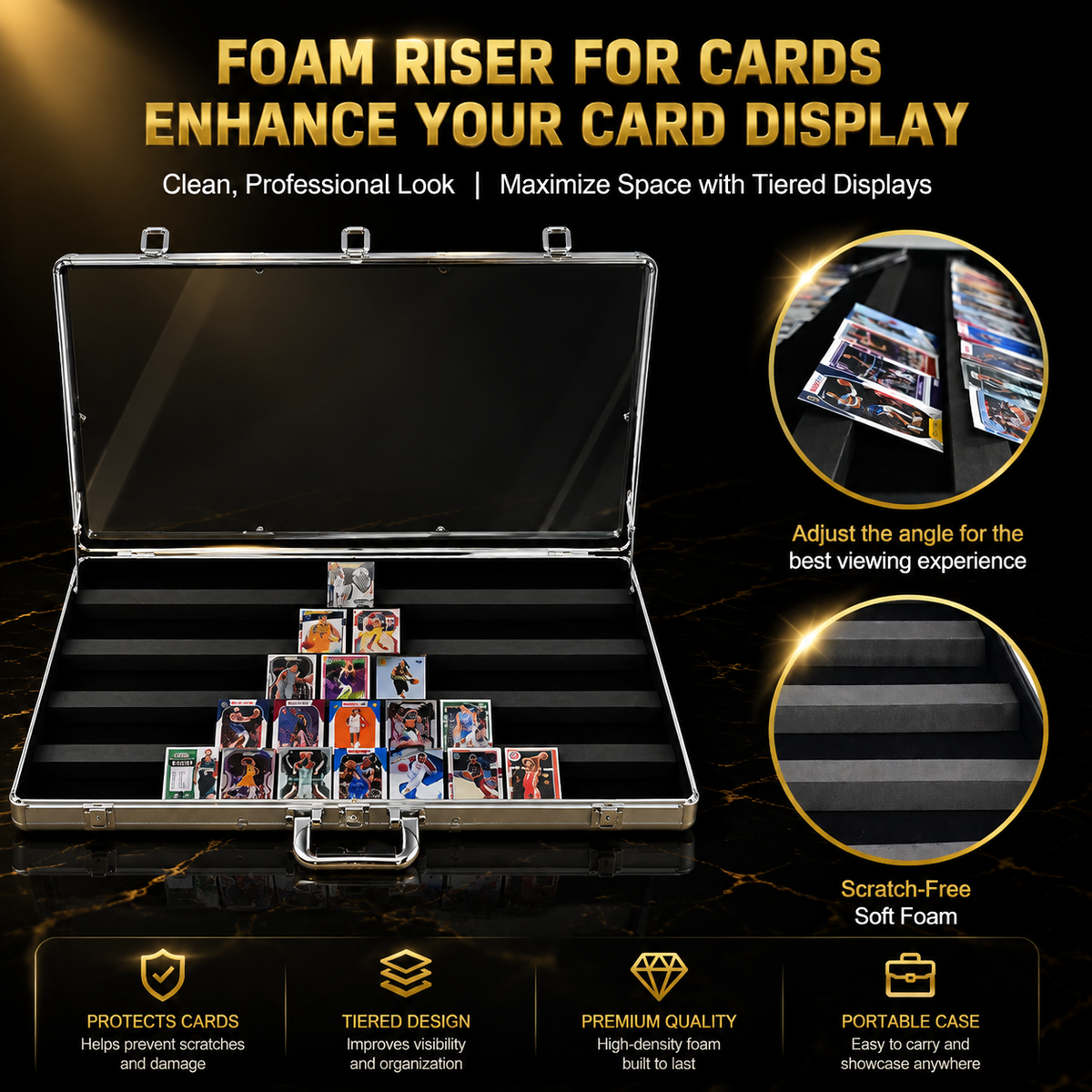 A black foam card riser insert shown inside an open silver aluminum carrying case on a dark promotional background. The image includes marketing text, circular detail callouts showing the foam texture and angled display effect, and feature icons such as protection, tiered design, premium quality, and portability.
