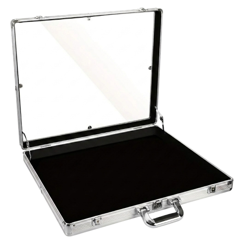 Black briefcase with a clear lid on a white background