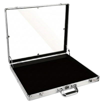 Black briefcase with a clear lid on a white background