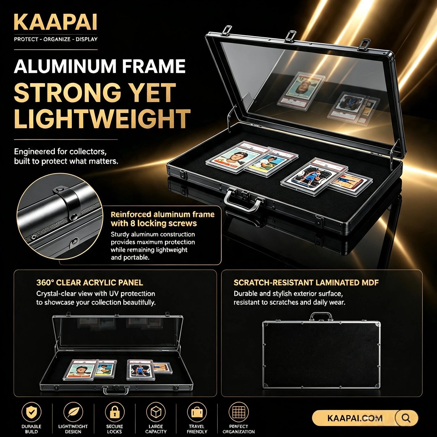 Kaapai aluminum display case shown open on a dark promotional background with text callouts about a strong lightweight aluminum frame, clear acrylic panels, reinforced screws, and scratch-resistant laminated MDF exterior. The case contains several small display slots with cards or inserts visible.