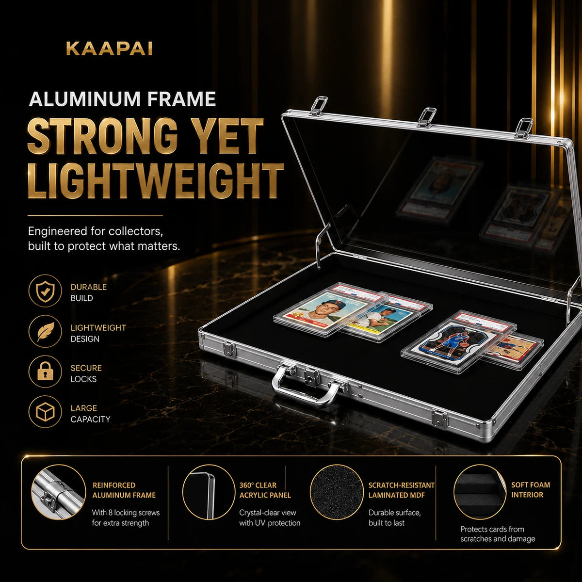 KAAPAI aluminum frame card case shown open on a dark reflective background, displaying several trading cards inside. The image includes marketing text highlighting a strong aluminum frame, lightweight design, secure locks, and large capacity, plus feature icons and a small feature strip at the bottom.