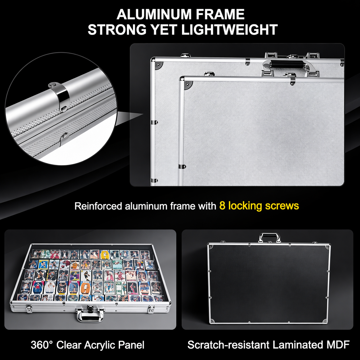 Aluminum frame with clear acrylic panel and MDF backing, featuring text on strength and features.