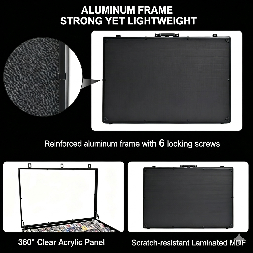 Reinforced aluminum frame with 6 locking screws, 360° clear acrylic panel, and scratch-resistant laminated MDF on a black background.
