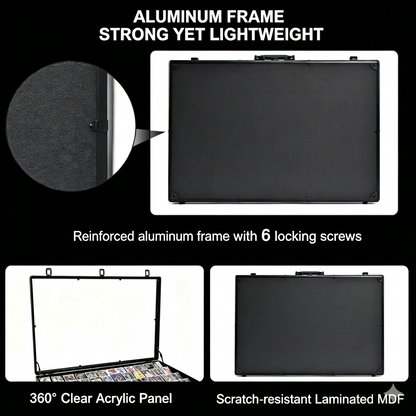Reinforced aluminum frame with 6 locking screws, 360° clear acrylic panel, and scratch-resistant laminated MDF on a black background.