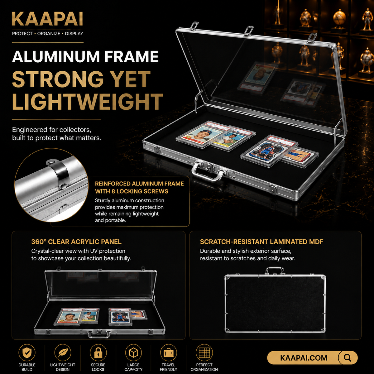 KAAPAI clear acrylic display case with an aluminum frame, shown open with cards inside on a dark background. The image includes marketing text highlighting a strong lightweight aluminum frame, reinforced construction, 360-degree clear acrylic panel, and scratch-resistant laminated MDF exterior.