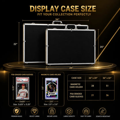 A promotional infographic showing three black display cases with silver trim labeled 24" x 20" and 34" x 22" on a dark gold background. The image includes text stating 'DISPLAY CASE SIZE FIT YOUR COLLECTION PERFECTLY,' dimension callouts, a size table for magnetic card holders and PSA graded card sleeves, and feature icons for premium build, velvet lining, secure locks, large capacity, easy to carry, and scratch resistant.