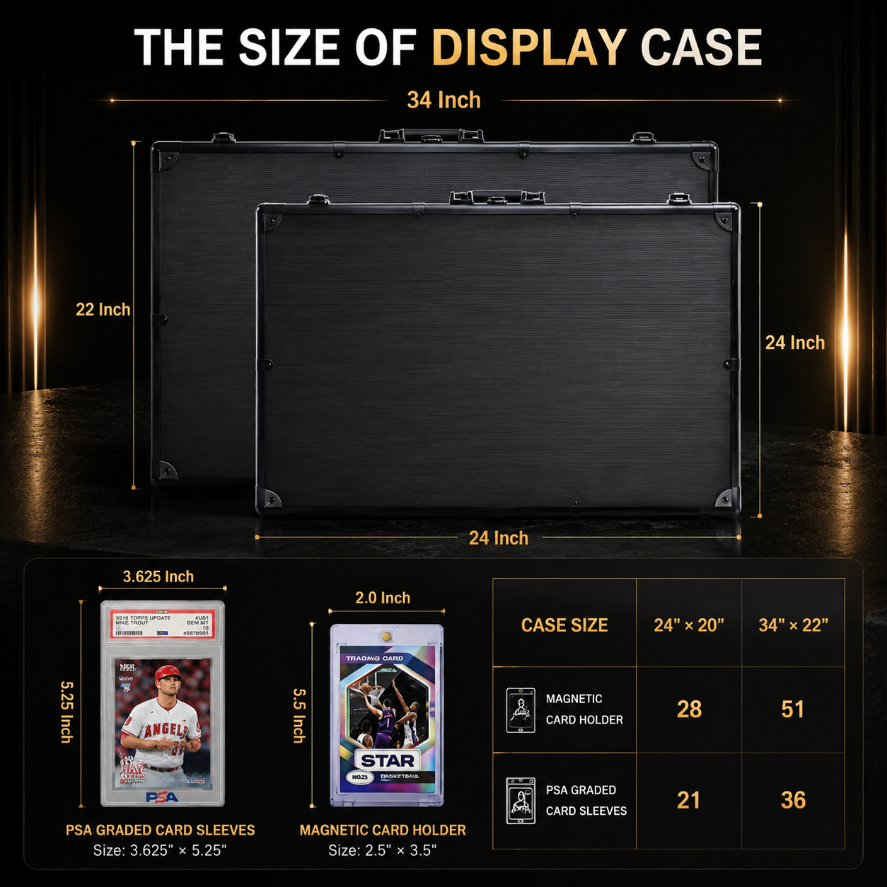 Size chart for a black display case, showing front and back views with dimensions labeled 24 x 24 x 34 inches, plus a lower table listing card sleeve and magnetic card holder sizes and quantities for different case dimensions.