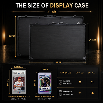 Size chart for a black display case, showing front and back views with dimensions labeled 24 x 24 x 34 inches, plus a lower table listing card sleeve and magnetic card holder sizes and quantities for different case dimensions.