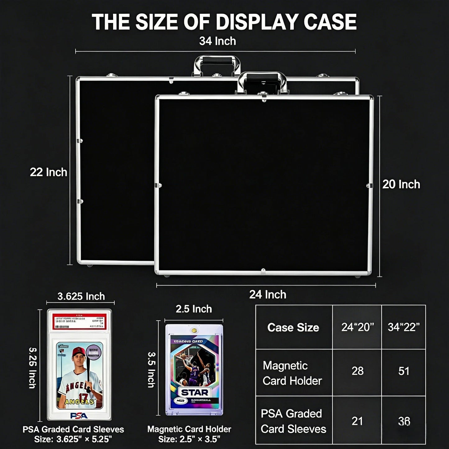 Display case dimensions with measurements and card sizes on a black background