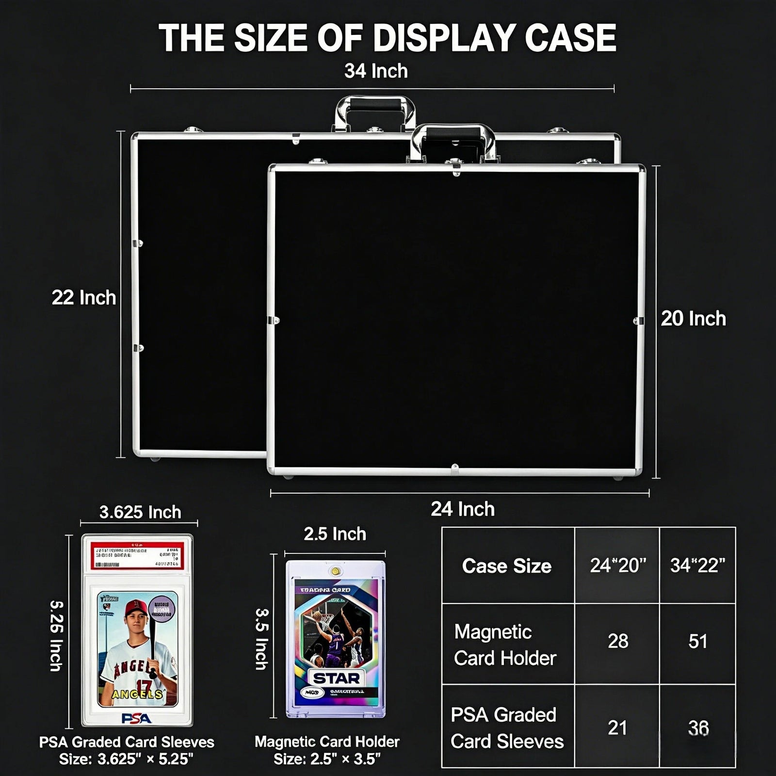 Display case dimensions with measurements and card sizes on a black background