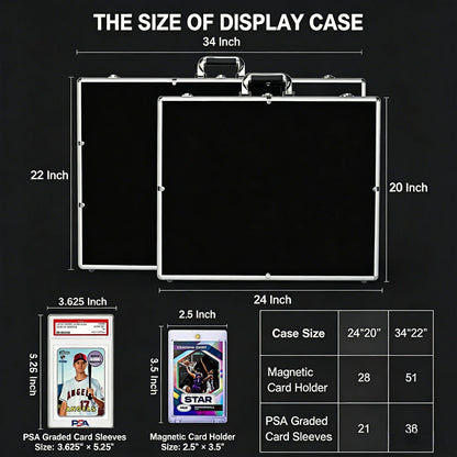 Display case dimensions with measurements and card sizes on a black background