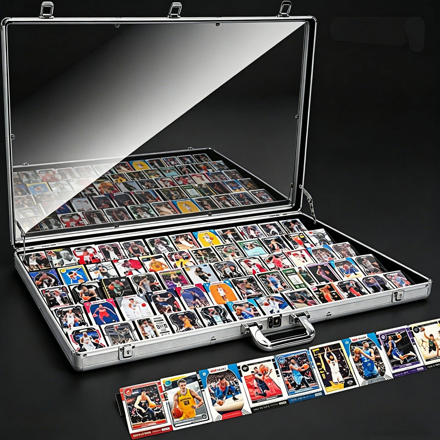 Collection of sports trading cards in an open metal case on a black background