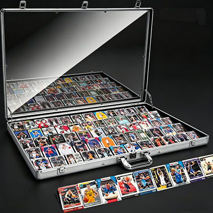 Collection of sports trading cards in an open metal case on a black background