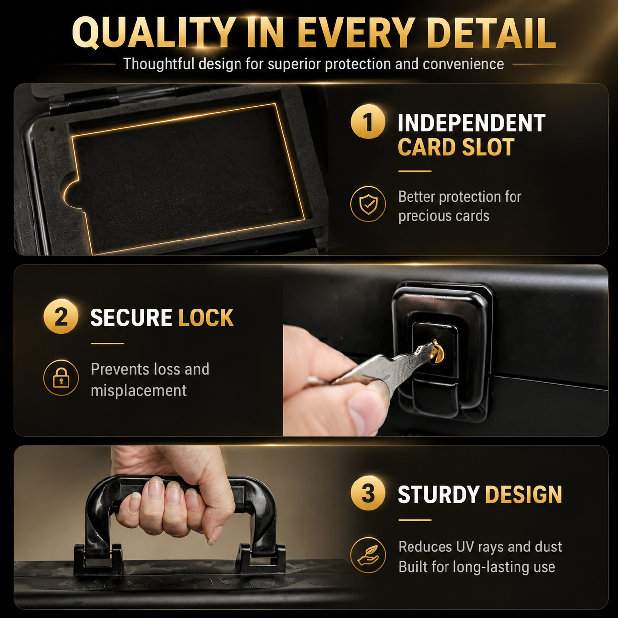 Three-panel promotional graphic for a black hard-shell card case with gold trim, featuring text callouts for an independent card slot, secure lock, and sturdy design. A hand is shown inserting a card into the slot and gripping the handle.