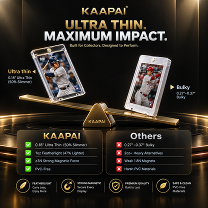 KAAPAI Ultra Thin Maximum Impact display stand shown on a black background with feature callouts and comparison text. The gold-and-clear stand is centered on a scale-like display, with two baseball player photos shown inside the transparent holder to demonstrate use.