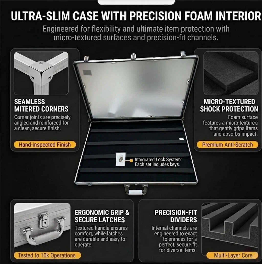 Ultra-slim case with precision foam interior features on a black background