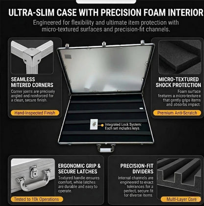 Ultra-slim case with precision foam interior features on a black background