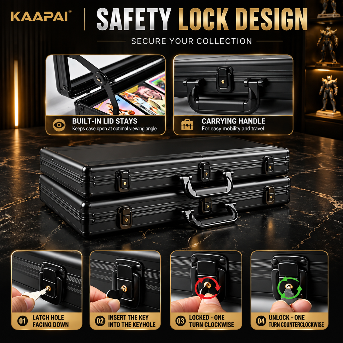 Black metal briefcase-style safety lock box shown on a dark marble surface with marketing callouts and close-up feature panels. The image includes the KAAPAI brand name, text reading 'SAFETY LOCK DESIGN,' and four inset/demo panels explaining built-in lid stays, carrying handle, latch hole key insertion, and lock/unlock mechanism.