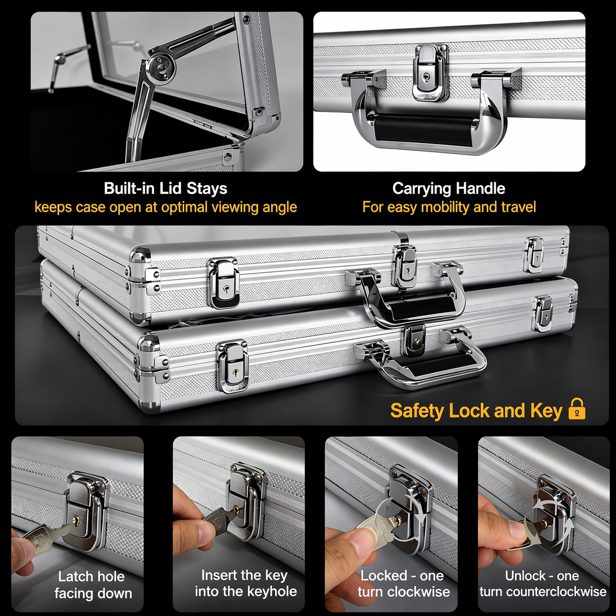 Silver metal case with built-in lid stays, carrying handle, safety lock, and key features.