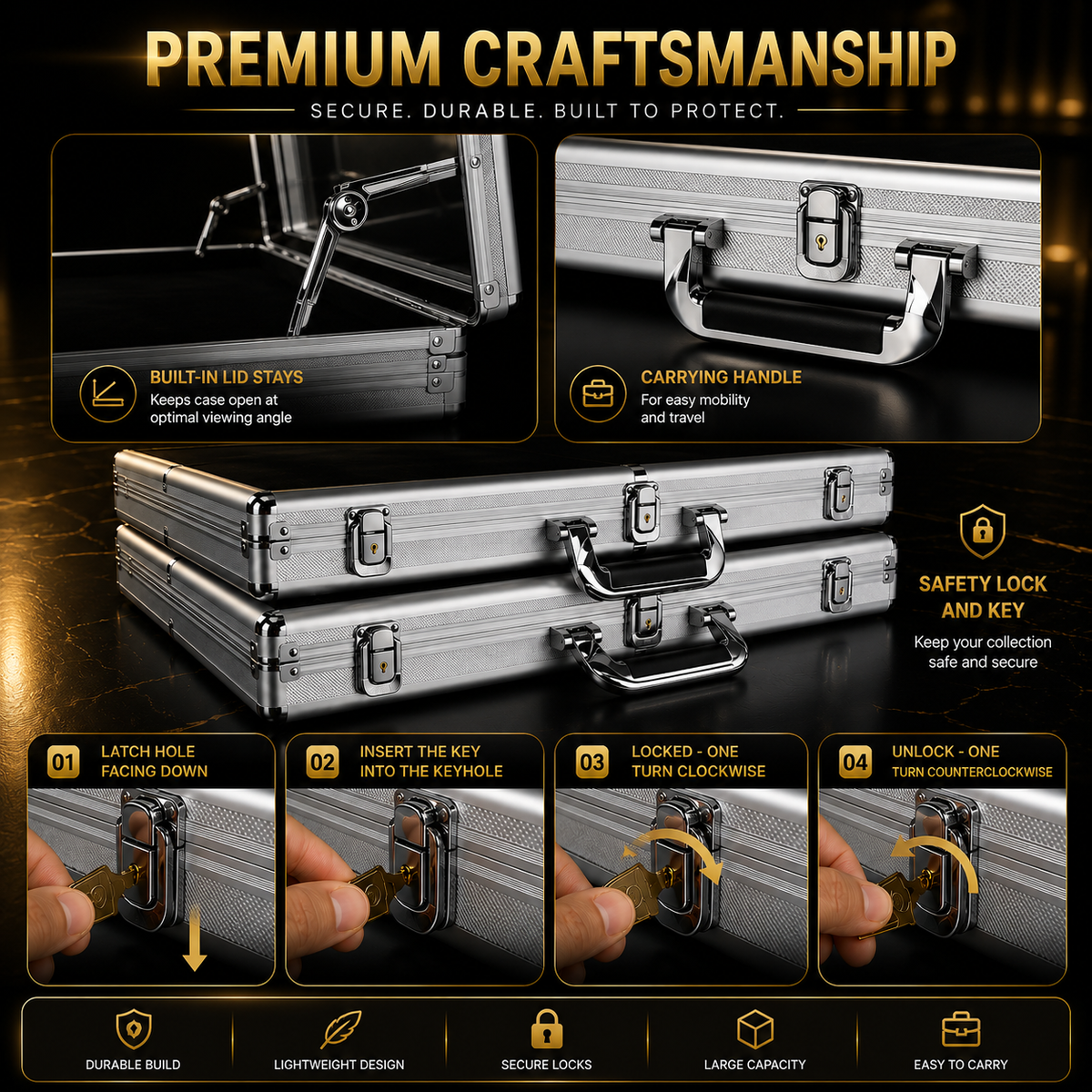 A promotional infographic for a silver aluminum hard case, showing the case itself, close-up detail panels, and four step-by-step lock-picking demonstration panels. The text at the top reads 'PREMIUM CRAFTSMANSHIP' and includes feature callouts such as built-in lid stays, carrying handle, safety lock and key, latch hole facing down, insert the key into the keyhole, locked - one turn clockwise, and unlocked - one turn counterclockwise.