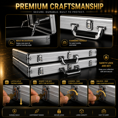 A promotional infographic for a silver aluminum hard case, showing the case itself, close-up detail panels, and four step-by-step lock-picking demonstration panels. The text at the top reads 'PREMIUM CRAFTSMANSHIP' and includes feature callouts such as built-in lid stays, carrying handle, safety lock and key, latch hole facing down, insert the key into the keyhole, locked - one turn clockwise, and unlocked - one turn counterclockwise.