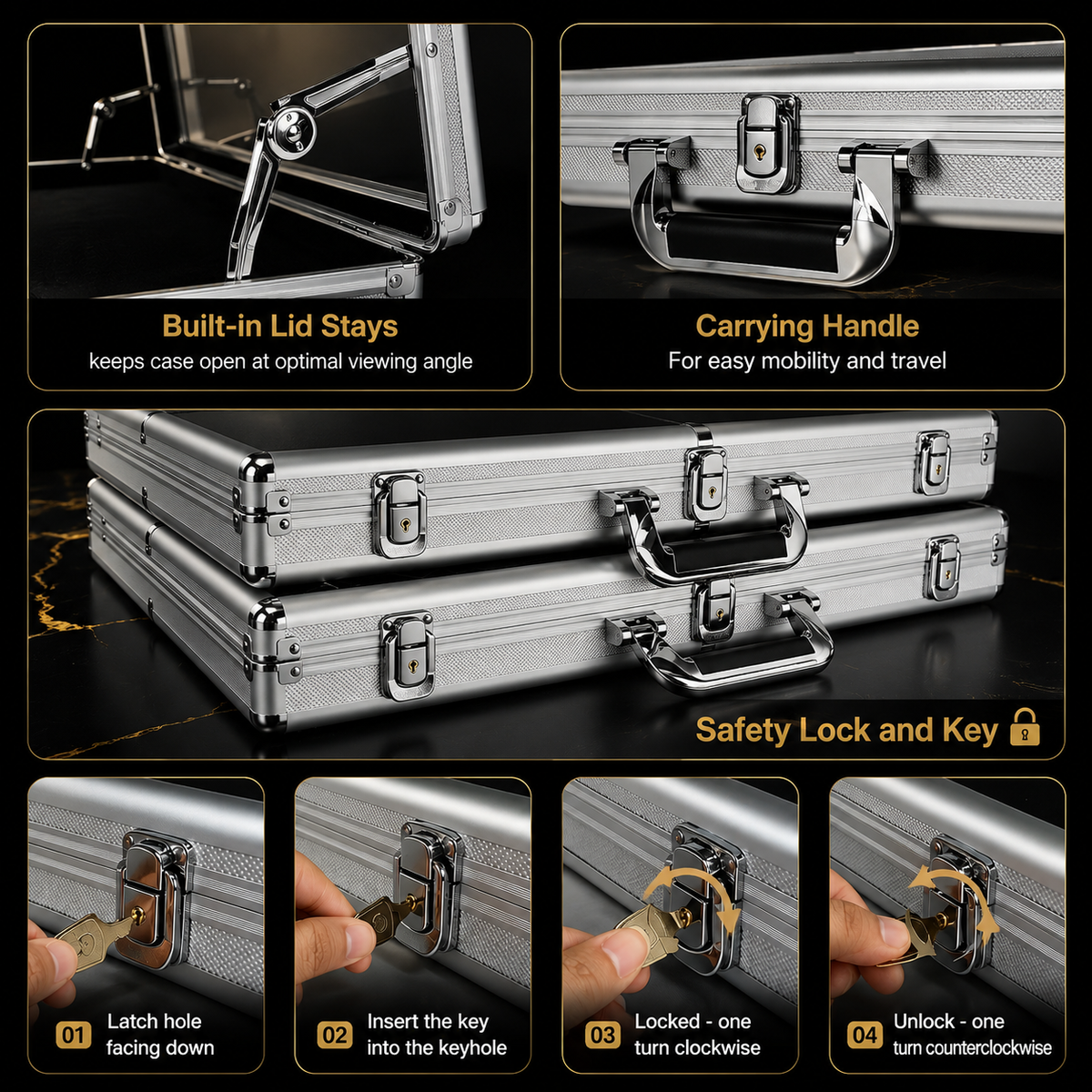 A silver aluminum hard case shown in a feature infographic with close-up panels of the built-in lid stays, carrying handle, safety lock and key, latch hole, and key insertion/locking/unlocking steps.