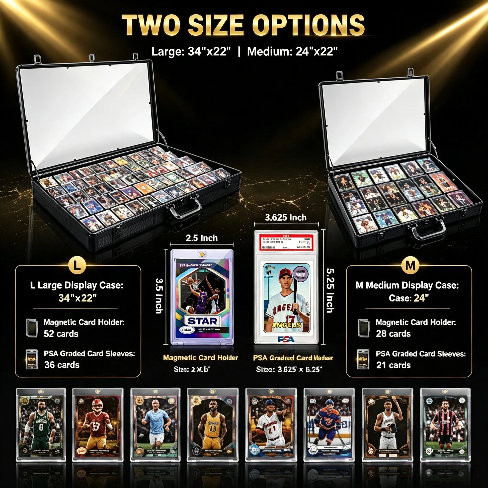 A product infographic showing two size options for a PSA graded card display case: Large (34"x22") and Medium (24"x22"). The image features open black cases filled with cards, dimension callouts for both sizes, and rows of sample graded cards at the bottom.