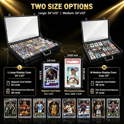 A product infographic showing two size options for a PSA graded card display case: Large (34"x22") and Medium (24"x22"). The image features open black cases filled with cards, dimension callouts for both sizes, and rows of sample graded cards at the bottom.