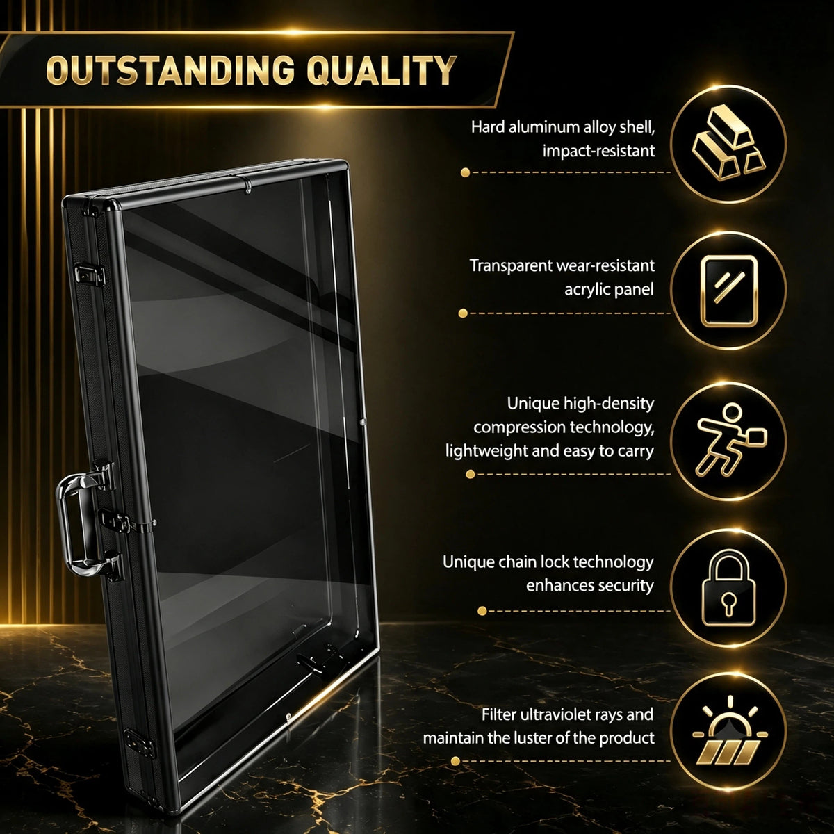 A black hard aluminum case with a transparent front panel, shown on a dark gold background with feature callouts and icons about impact resistance, transparency, compression technology, chain lock security, and UV-ray filtering.