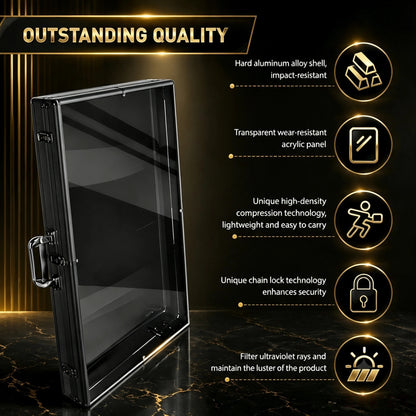 A black hard aluminum case with a transparent front panel, shown on a dark gold background with feature callouts and icons about impact resistance, transparency, compression technology, chain lock security, and UV-ray filtering.