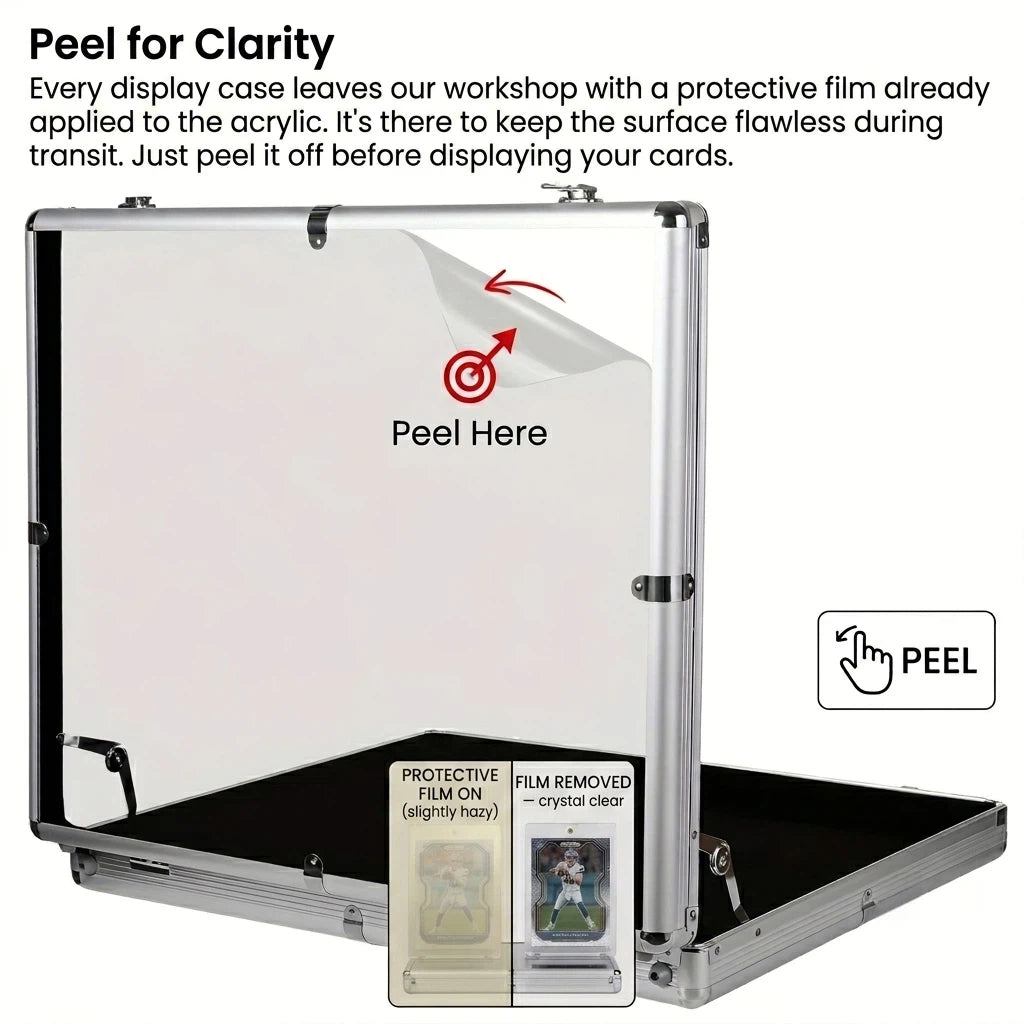 Display case with protective film and instructions on how to peel it off.