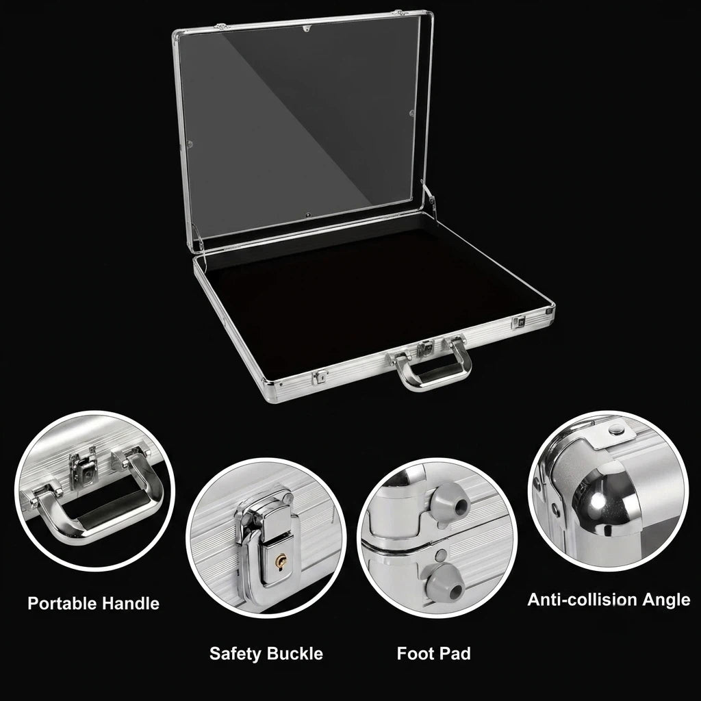 Metal briefcase with features highlighted on a black background