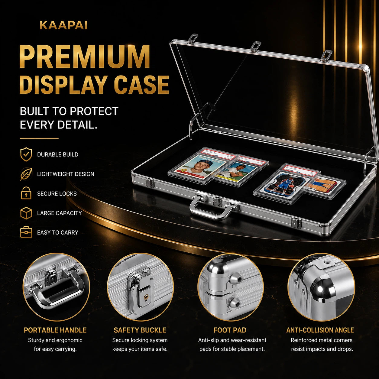 KAAPAI premium display case shown open on a dark gold promotional background, with three framed cards inside. The image includes marketing text, feature icons, and four circular close-up callouts highlighting the portable handle, safety buckle, foot pad, and anti-collision angle.