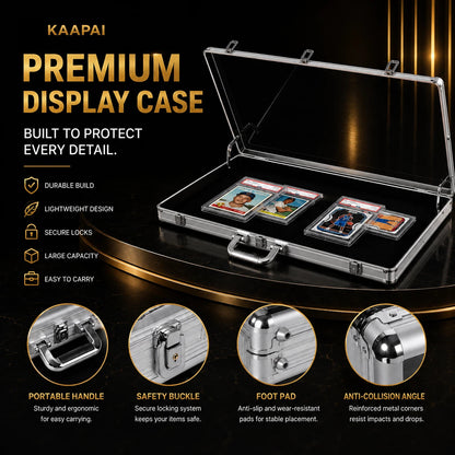 KAAPAI premium display case shown open on a dark gold promotional background, with three framed cards inside. The image includes marketing text, feature icons, and four circular close-up callouts highlighting the portable handle, safety buckle, foot pad, and anti-collision angle.