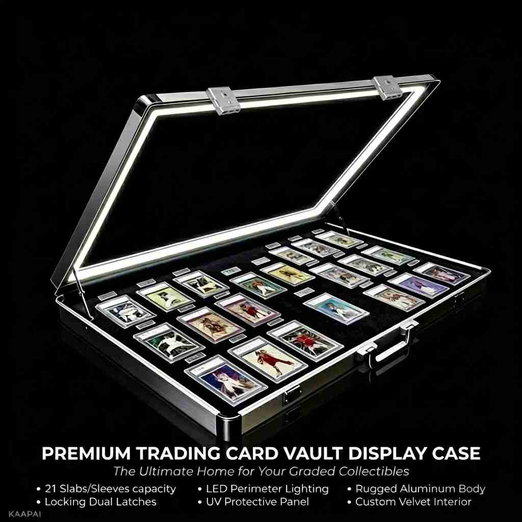 Kaapai® LED Trading Card Display Case – Premium Aluminum Lockable Showcase with UV Protection 34” x 22”