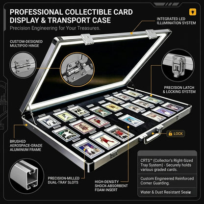 Professional collectible card display and transport case with features highlighted
