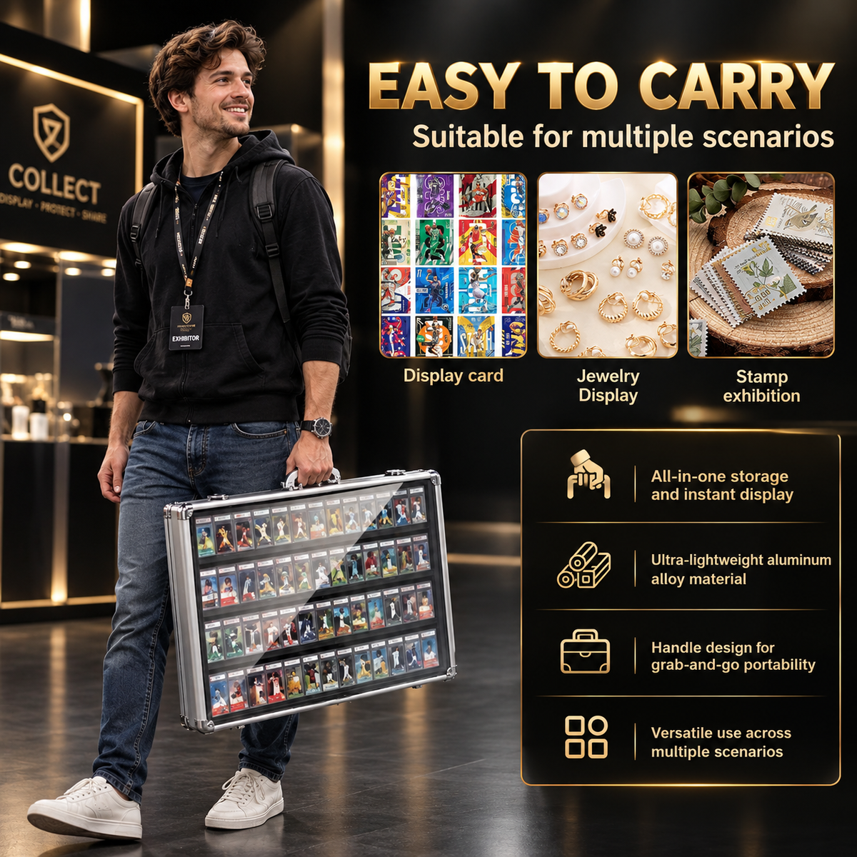 A person carrying a compact black metal briefcase with silver trim, shown in a promotional graphic with text highlighting portability and durability. The bottom includes small example panels for cards, coins, stamps, currency, and jewelry.