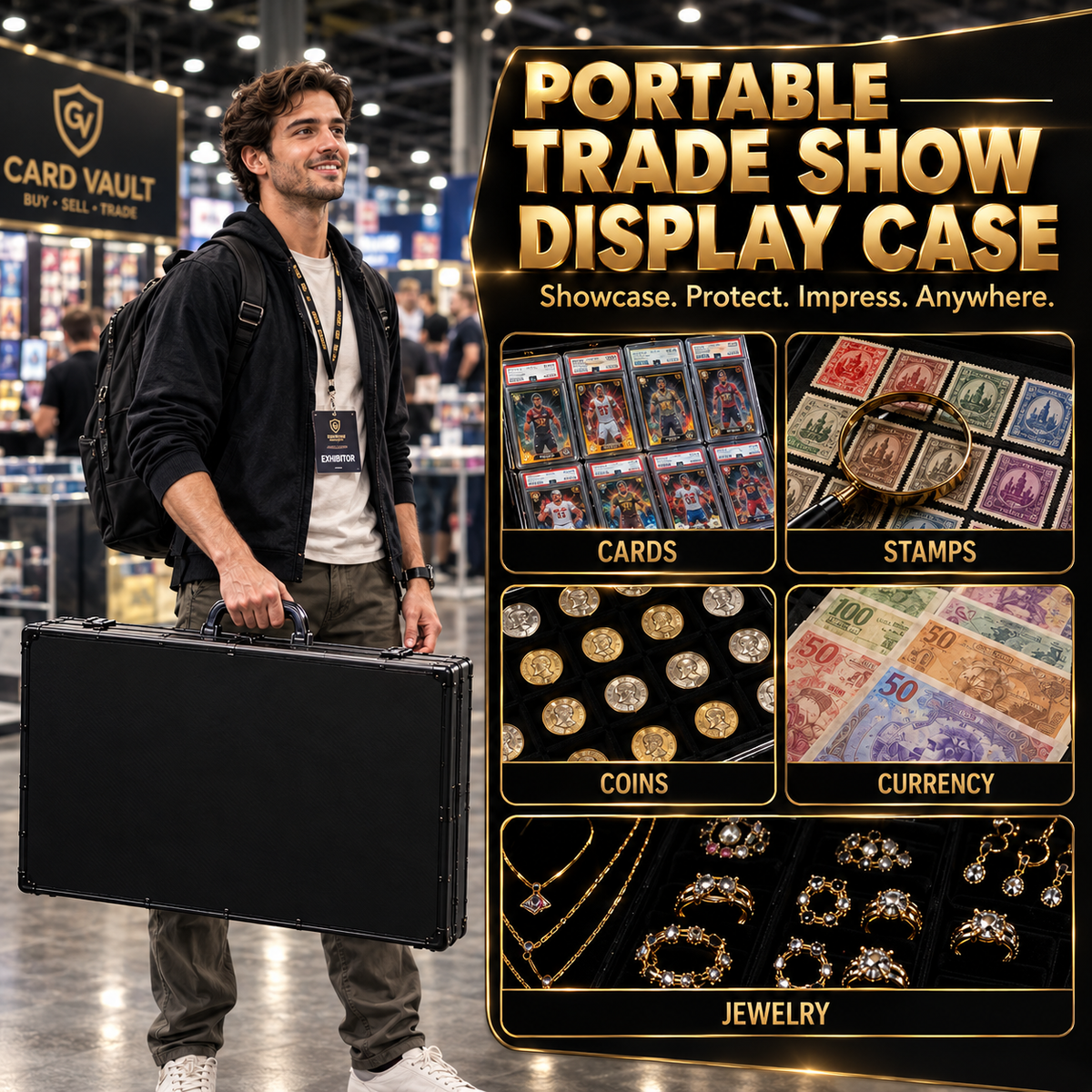 A black hard-sided portable case being carried by a person outdoors on a sidewalk, with promotional text reading 'Compact and Portable for Any Occasion' and feature callouts about lightweight, sturdy, secure, and compact. The bottom includes example categories such as cards, coins, stamps, currency, and jewelry.