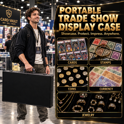 A black hard-sided portable case being carried by a person outdoors on a sidewalk, with promotional text reading 'Compact and Portable for Any Occasion' and feature callouts about lightweight, sturdy, secure, and compact. The bottom includes example categories such as cards, coins, stamps, currency, and jewelry.