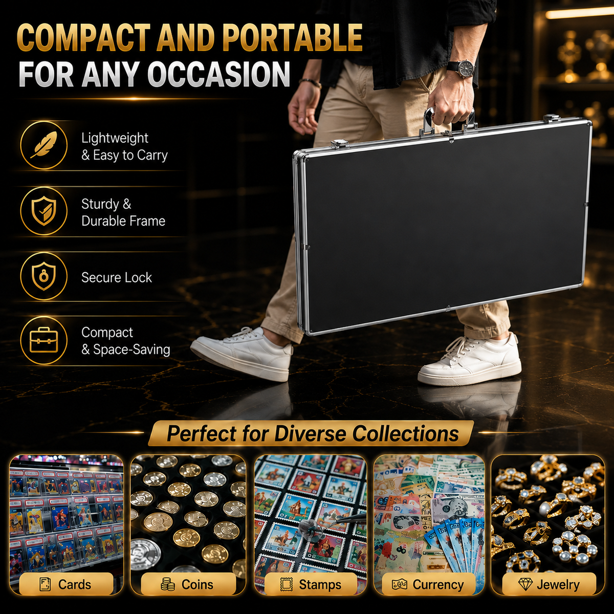 A person carrying a compact black metal briefcase with silver trim, shown in a promotional graphic with text highlighting portability and durability. The bottom includes small example panels for cards, coins, stamps, currency, and jewelry.