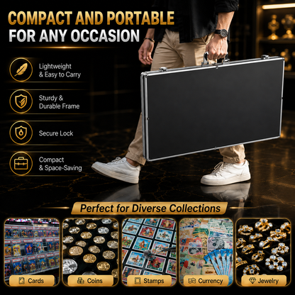 A person carrying a compact black metal briefcase with silver trim, shown in a promotional graphic with text highlighting portability and durability. The bottom includes small example panels for cards, coins, stamps, currency, and jewelry.