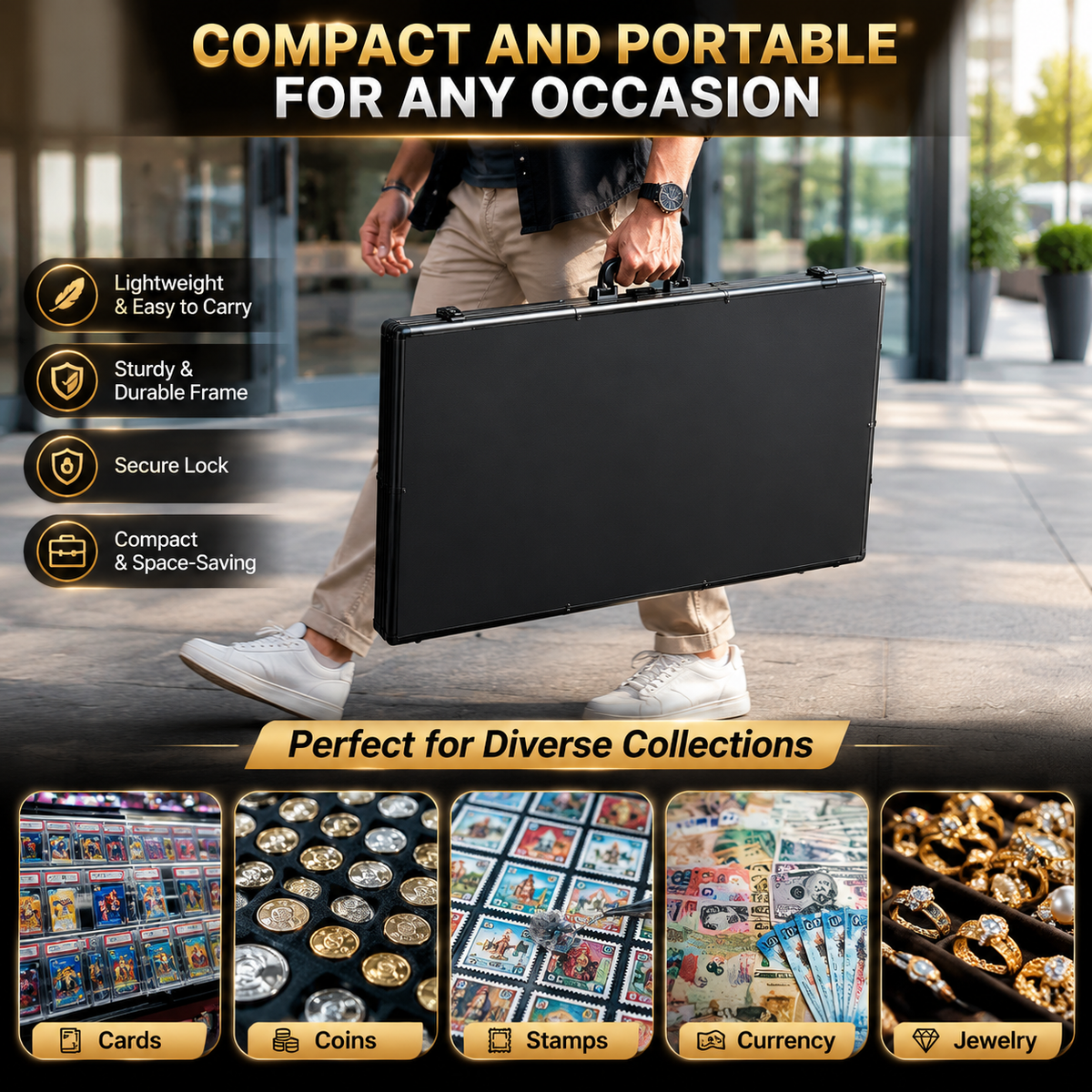 A black hard-sided portable case being carried by a person outdoors on a sidewalk, with promotional text reading 'Compact and Portable for Any Occasion' and feature callouts about lightweight, sturdy, secure, and compact. The bottom includes example categories such as cards, coins, stamps, currency, and jewelry.