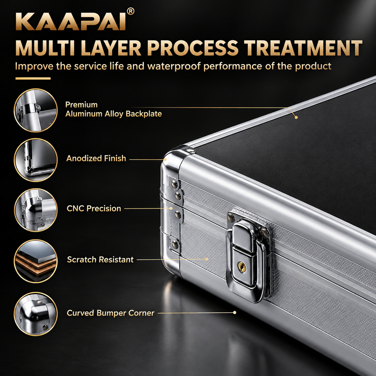 Close-up of TradeVault aluminum card storage case features anodized finish, curved bumper corners, and key lock detail.
