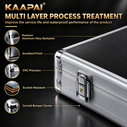Close-up of TradeVault aluminum card storage case features anodized finish, curved bumper corners, and key lock detail.