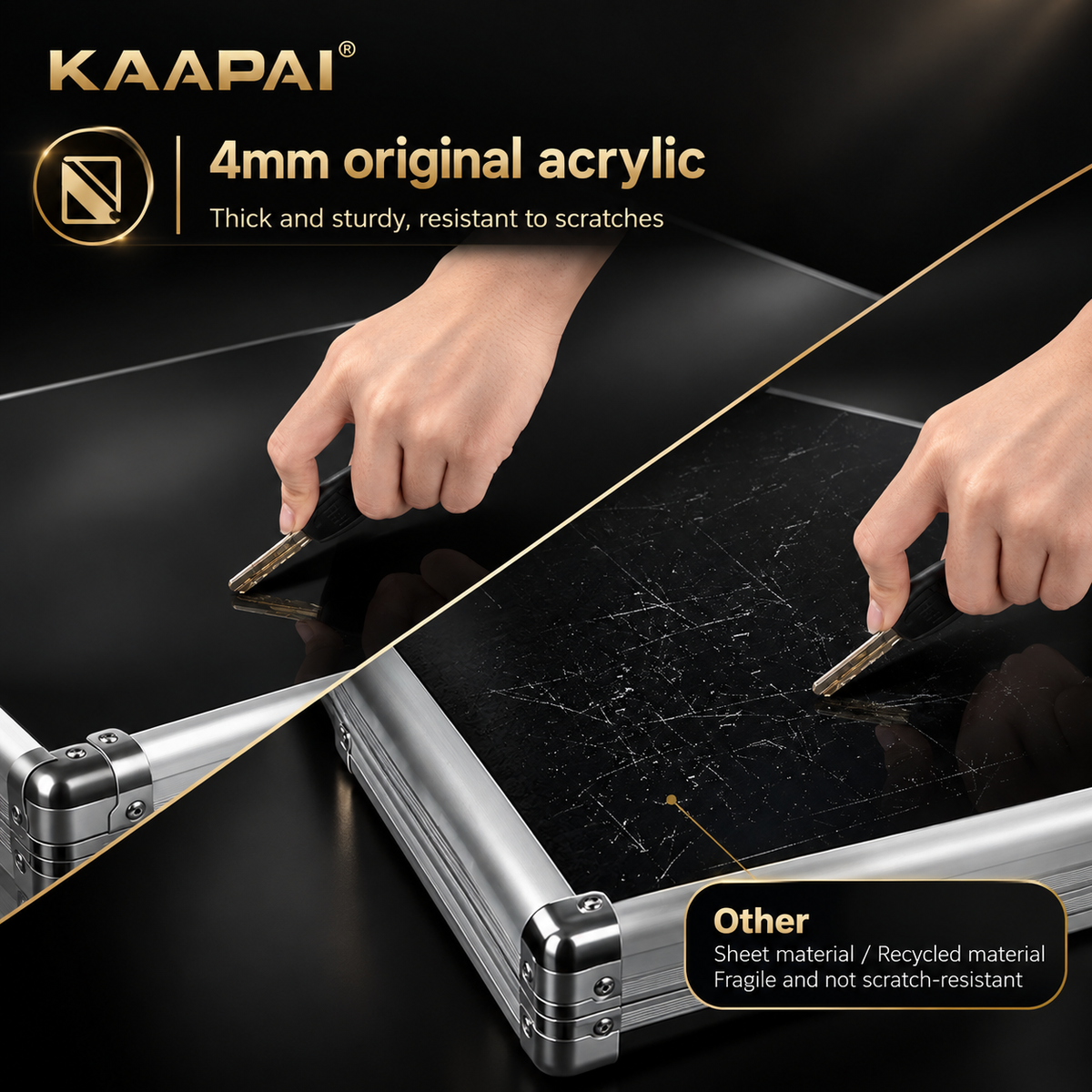 Demonstration of TradeVault card display case scratch-resistant 4mm acrylic cover plate withstands key scratching.