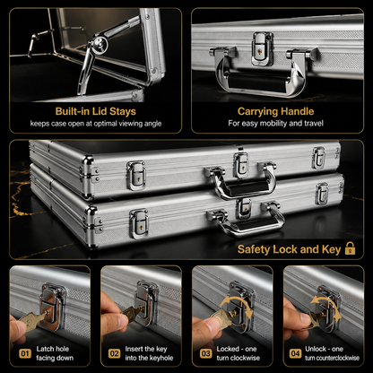 Close-up of TradeVault aluminum card display case key lock mechanism with step-by-step unlock instructions.