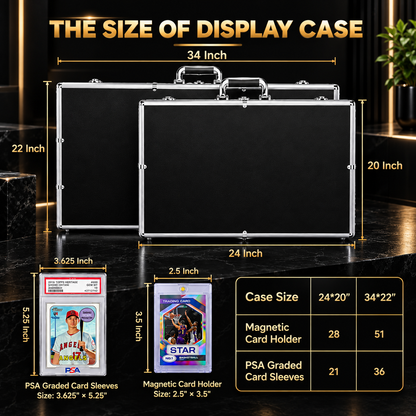 Size guide for TradeVault lockable card display case detailing magnetic card holder and PSA graded card capacity.