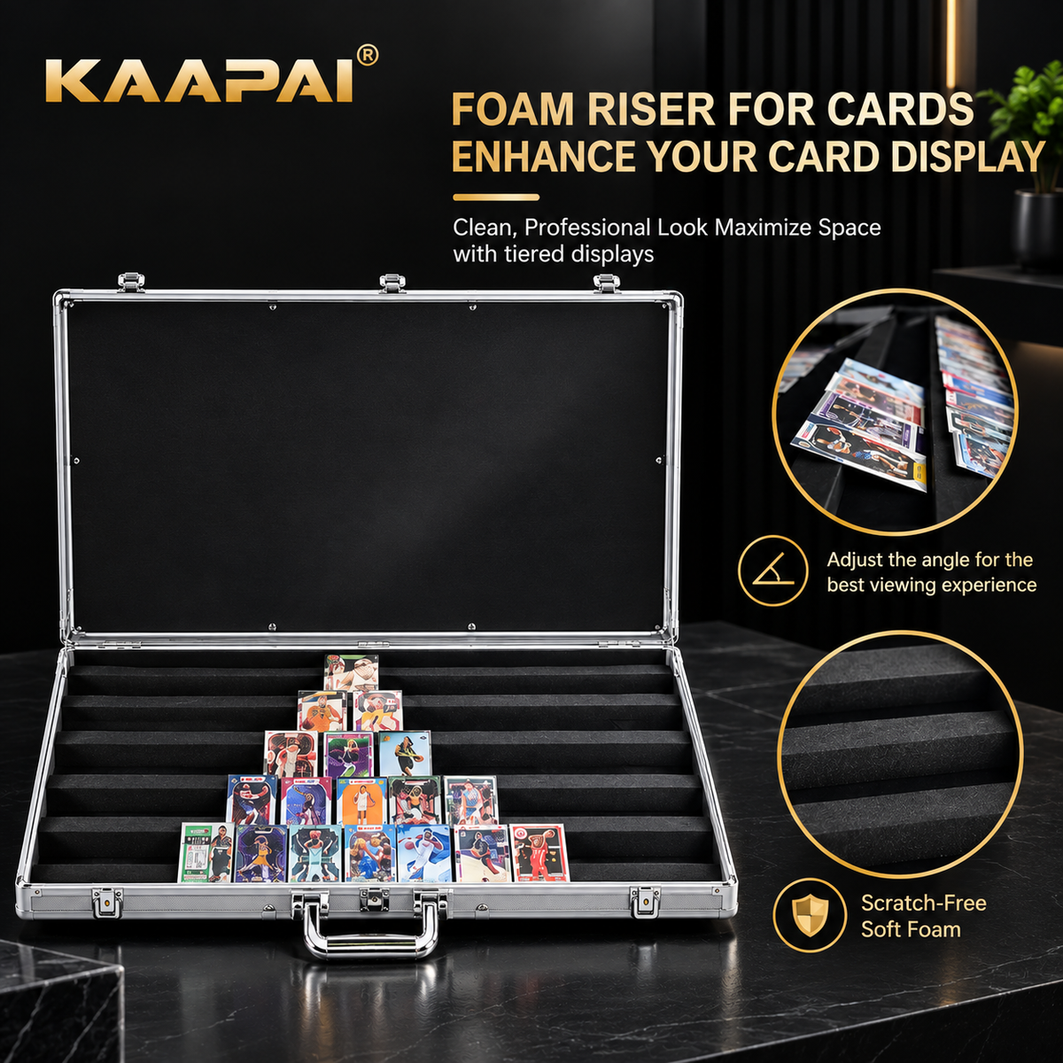 Open TradeVault card display case featuring adjustable angle foam slots for professional card viewing.